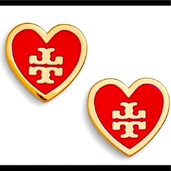 NWOT Tory Burch Gold Logo, Red Enamel Heart Stud Earrings - Picture 3 of 7